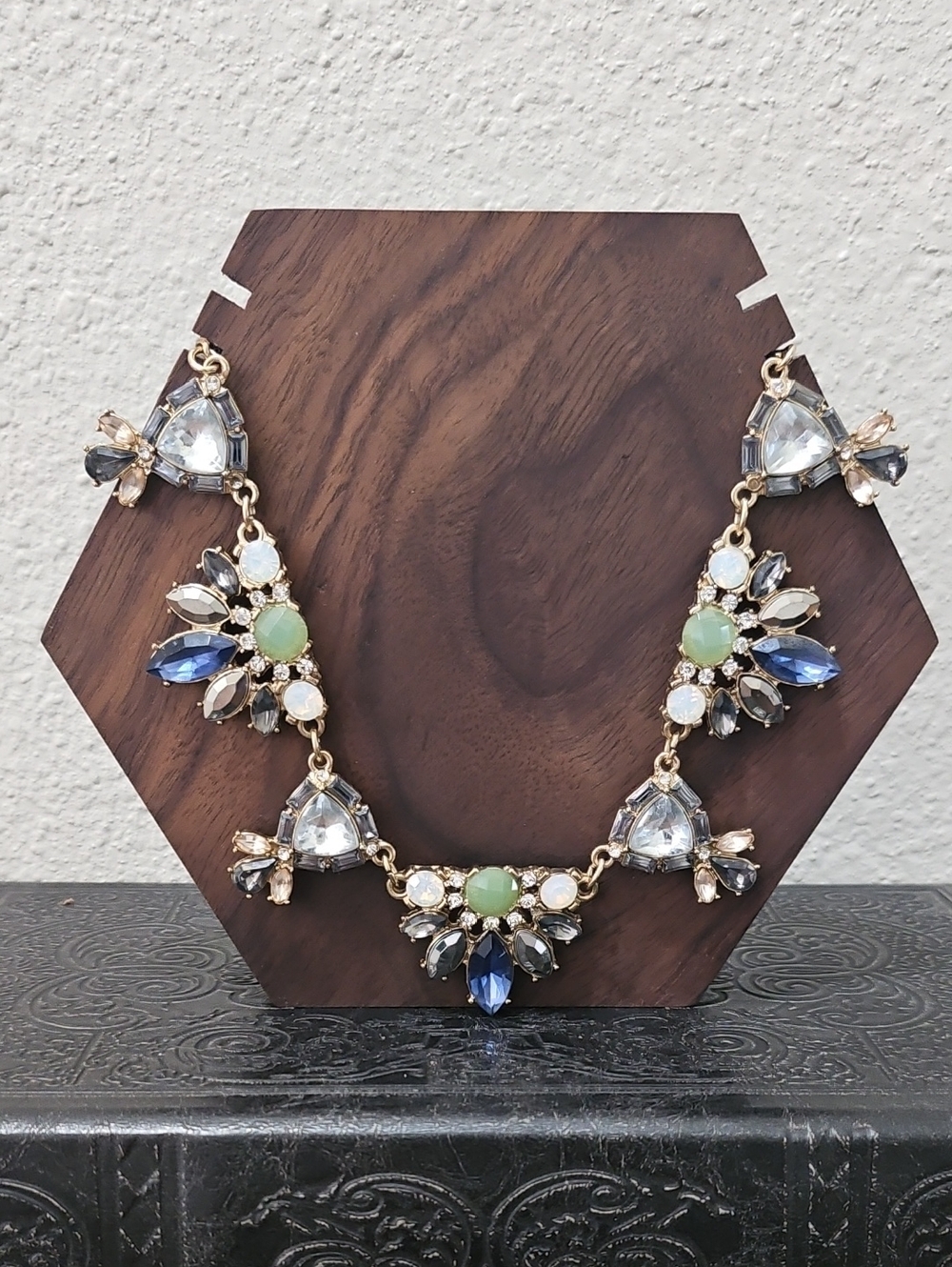 Statement Crystal & Gem Cluster Necklace in Blue, Green and Clear